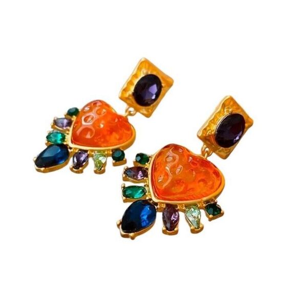 Betsey Johnson Jewelry - Betsey Johnson‎ multicolor crystal orange heart strawberry statement earrings